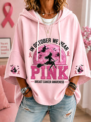 Women's In October We Wear Pink Halloween Pink Witch Print Breast Cancer Awareness Support Short-Sleeve Hoodie