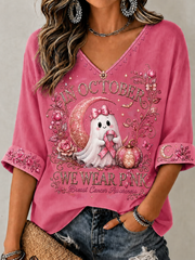 Women's In October We Wear Pink Mid-length Sleeves V-Neck T-Shirt