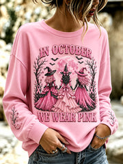 Women's In October We Wear Pink Halloween Pink Witches Print Breast Cancer Awareness Support Sweatshirt