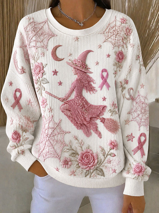 Women's Breast Cancer Awareness Witch Ribbed Round-Neck Sweatshirt