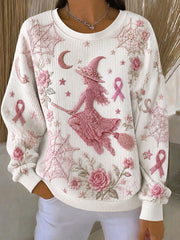 Women's Breast Cancer Awareness Witch Ribbed Round-Neck Sweatshirt