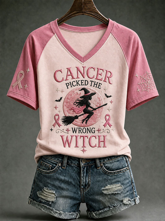 Women's Cancer Picked The Wrong Witch Breast Cancer Awareness V-neck T-shirt