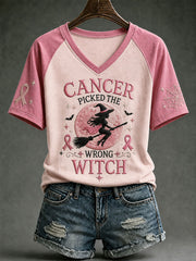 Women's Cancer Picked The Wrong Witch Breast Cancer Awareness V-neck T-shirt