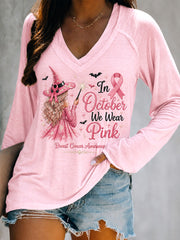 Women's In October We Wear Pink Halloween Pink Witch Print Breast Cancer Awareness Support V-Neck Long Sleeve T-Shirt