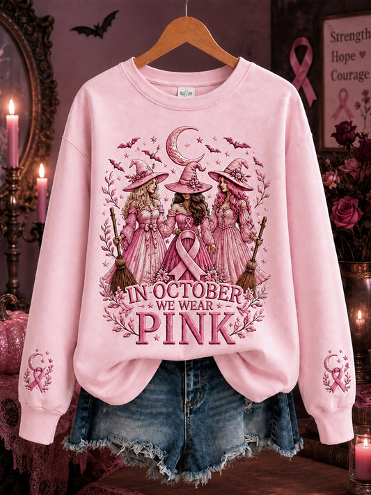 Women's In October We Wear Pink Halloween Pink Witches Print Breast Cancer Awareness Support Sweatshirt