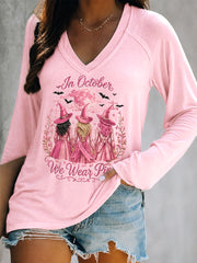 Women's In October We Wear Pink Halloween Pink Witches Print Breast Cancer Awareness Support V-Neck Long Sleeve T-Shirt