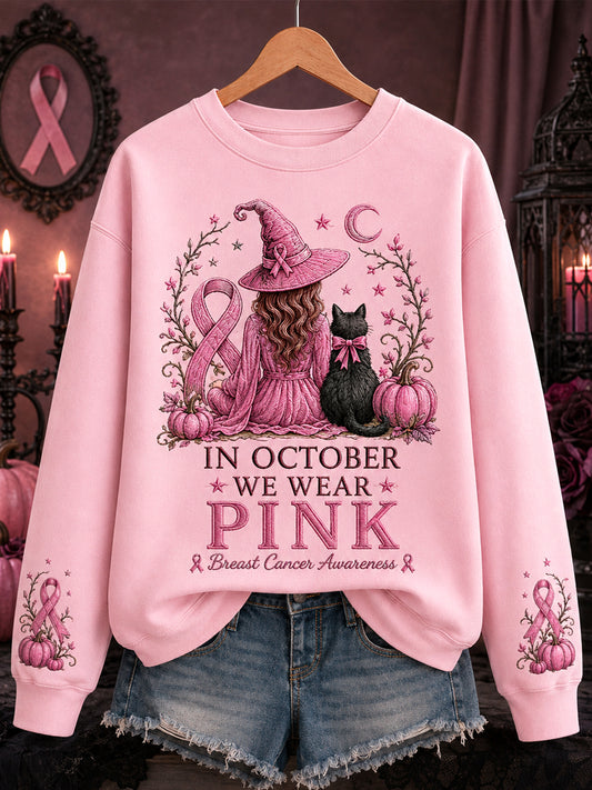 Women's In October We Wear Pink Halloween Pink Witch Print Breast Cancer Awareness Support Sweatshirt