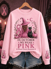 Women's In October We Wear Pink Halloween Pink Witch Print Breast Cancer Awareness Support Sweatshirt
