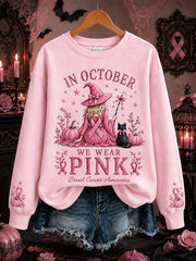 Women's In October We Wear Pink Halloween Pink Witch Print Breast Cancer Awareness Support Sweatshirt