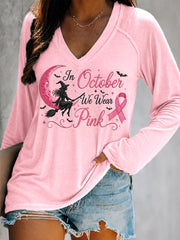 Women's In October We Wear Pink Halloween Pink Witch Print Breast Cancer Awareness Support V-Neck Long Sleeve T-Shirt