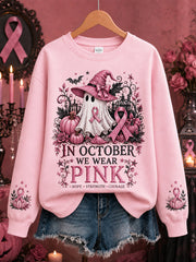 Women's In October We Wear Pink Halloween Pink Ghost Print Breast Cancer Awareness Support Sweatshirt