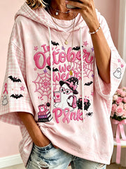 Women's Breast Cancer Theme Halloween Cute Boo Elements Pattern Printed Casual Hoodie