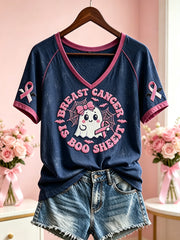 Women's Breast Cancer Theme Halloween Cute Boo Elements Pattern Printed Casual Short Sleeve T-Shirt
