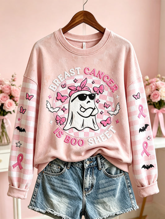 Women's Breast Cancer Theme Halloween Cute Boo Elements Pattern Printed Casual  Sweatshirt
