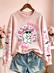 Women's Breast Cancer Theme Halloween Cute Boo Elements Pattern Printed Casual  Sweatshirt