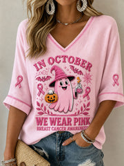Women's Breast Cancer Prevention Awareness Pink October Mid-length Sleeves V-Neck T-Shirt