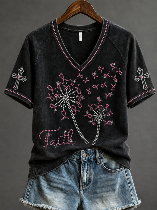 Women's Faith Breast Cancer Pink Ribbon Dandelion Print short-sleeved T-shirt