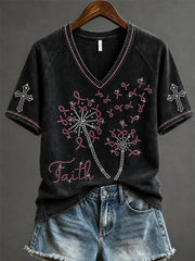 Women's Faith Breast Cancer Pink Ribbon Dandelion Print short-sleeved T-shirt