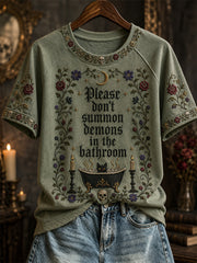 Women's Halloween Please Don't Summon Demons in the Bathroom Gothic Print short sleeve T-shirt