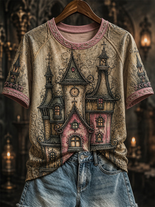 Women's Halloween Witch's House Art Gothic Print short sleeve T-shirt
