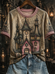 Women's Halloween Witch's House Art Gothic Print short sleeve T-shirt