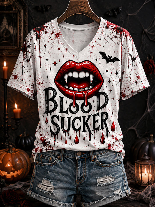 Women's Halloween Blood Sucker Bloodstain Print Casual V-Neck Tee