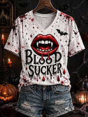 Women's Halloween Blood Sucker Bloodstain Print Casual V-Neck Tee