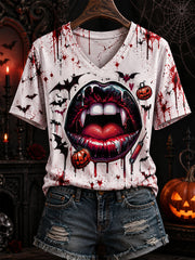 Women's Funny Halloween You're Not My Blood Type Bloodstain Print Casual V-Neck Tee