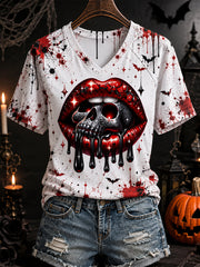 Women's Halloween Lips Skull Bloodstain Print Casual V-Neck Tee