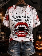 Women's Funny Halloween You're Not My Blood Type Bloodstain Print Casual V-Neck Tee