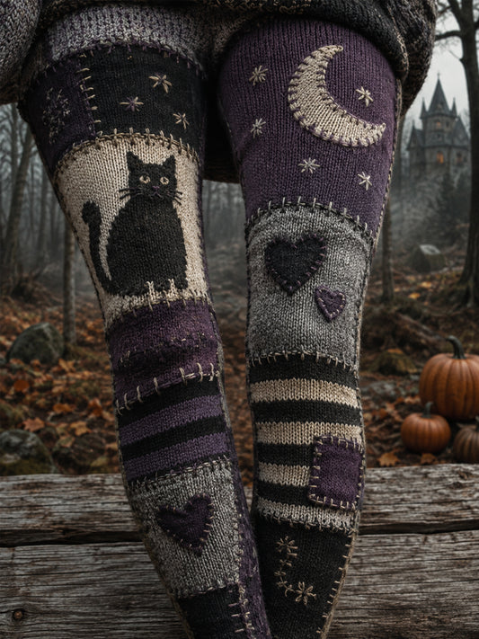 Women's Halloween Black Cat Patchwork Print Leggings