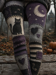 Women's Halloween Black Cat Patchwork Print Leggings