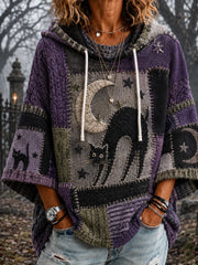 Women's Halloween Black Cat Patchwork Print Casual 3/4 Sleeve Hoodie