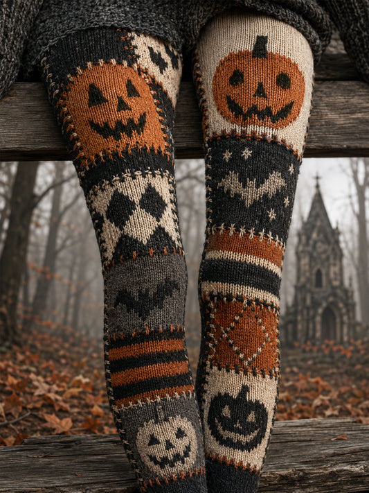 Women's Halloween Pumpkin Face Patchwork Print Leggings