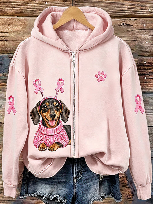 Women's Cute Dog Pattern Printed Casual Zip-Up Hoodie