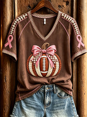 Women's Football Inspired Breast Cancer Pink Pumpkin Print short-sleeved T-shirt