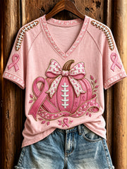 Women's Football Inspired Breast Cancer Pink Pumpkin Print short-sleeved T-shirt