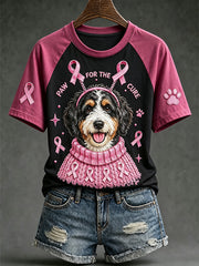 Women's breast cancer theme cute dog pattern printed casual short-sleeve T-shirt