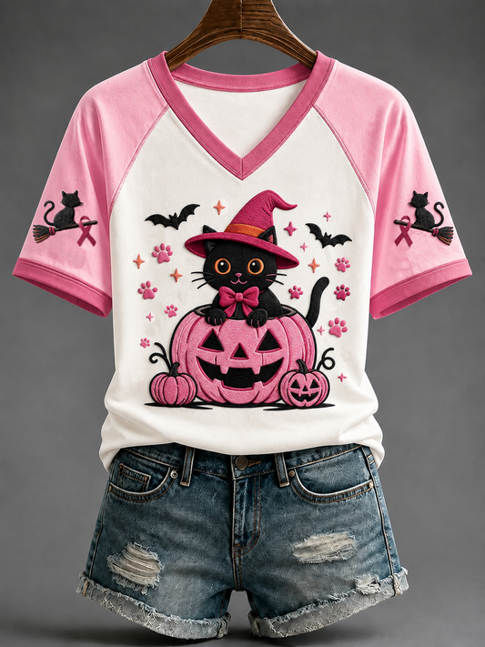 Women's Breast Cancer V-neck Off-shoulder Short-sleeved T-shirt