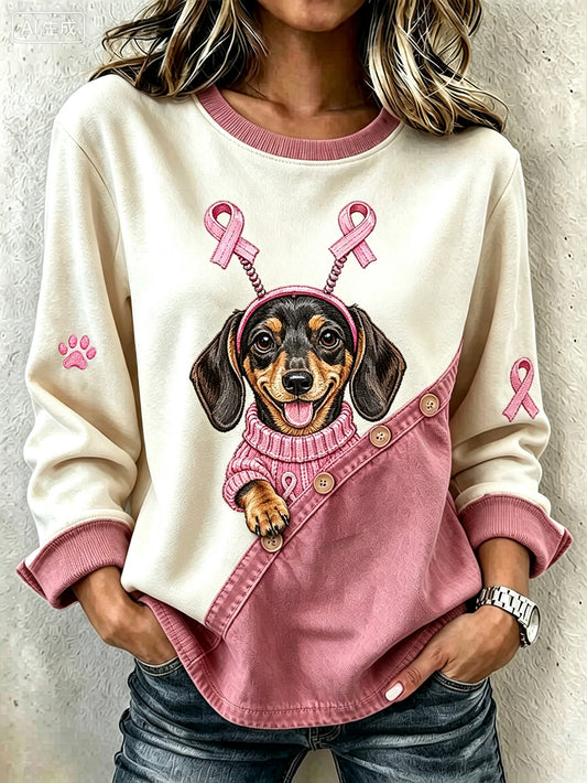 Women's cute dog print color-blocked casual sweatshirt