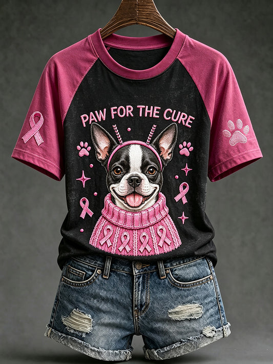 Women's breast cancer theme cute dog pattern printed casual short-sleeve T-shirt