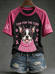 Women's breast cancer theme cute dog pattern printed casual short-sleeve T-shirt