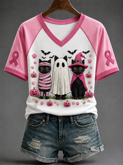 Women's Breast Cancer V-neck Off-shoulder Short-sleeved T-shirt