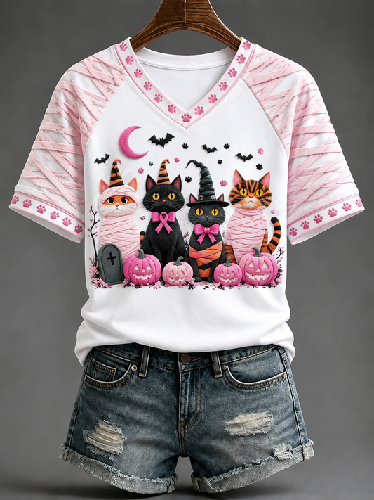 Women's Breast Cancer V-neck Off-shoulder Short-sleeved T-shirt