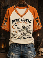 Women's Funny Halloween Dog And Sleleton Print Casual V-Neck Tee