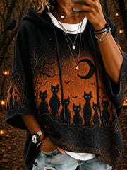 Women's Halloween Black Cats Print Casual 3/4 Sleeve Hoodie