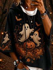 Women's Halloween Ghost Pumpkin Face Print Casual 3/4 Sleeve Hoodie