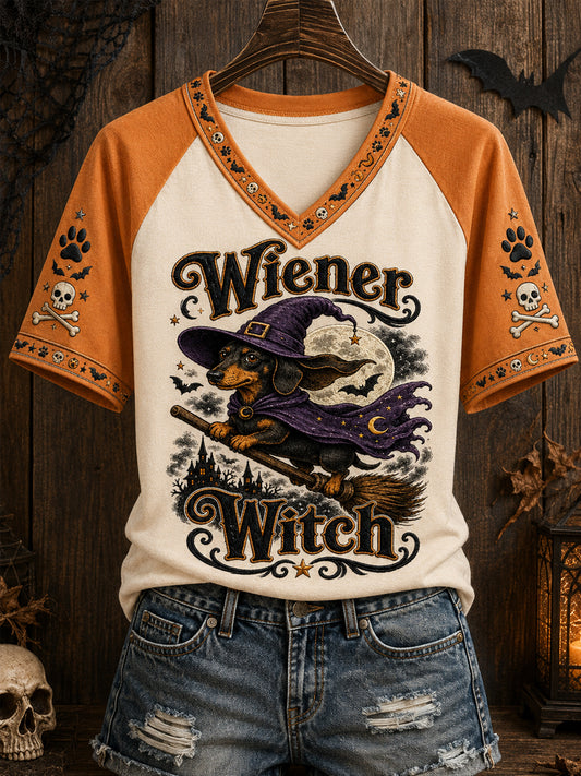 Women's Funny Halloween Dog Witch Print Casual V-Neck Tee