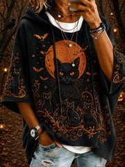 Women's Halloween Black Cats Print Casual 3/4 Sleeve Hoodie