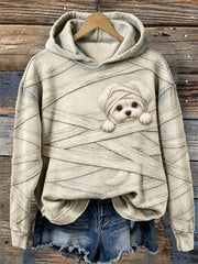 Women's Halloween Peeking Maltese Dog Mummy Bandages Print Cozy Hoodie